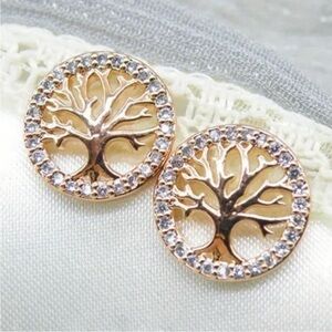 Elegant Rose Gold Tree of Life Stud Earrings with Clear Crystals